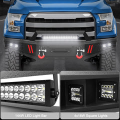 Front Bumper Compatible with Ford F-150 2015 2016 2017, Textured Black Pickup Truck F150 Bumper w/Winch Plate, Lights, D-rings, License Plate Plate, Sensor Holes (Excluding Raptor & Ecoboost) POFENZE