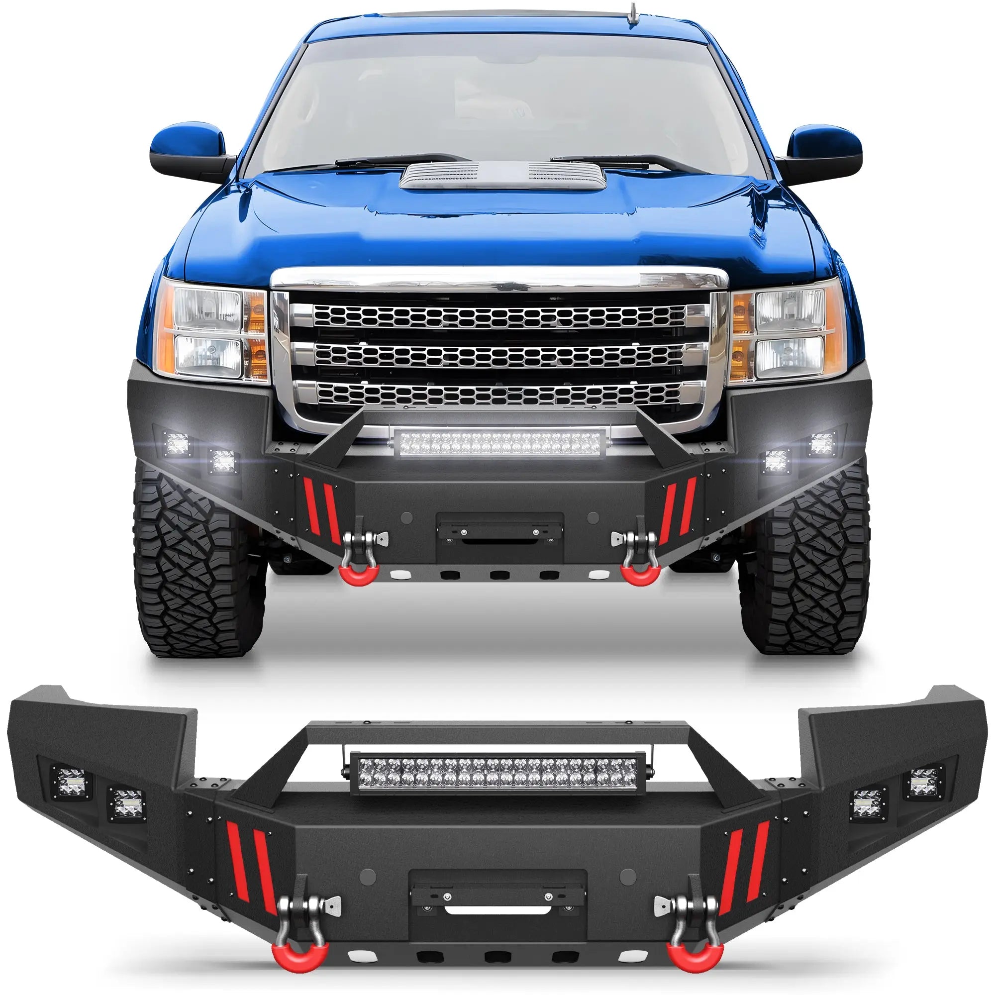Front Bumper Compatible with GMC Sierra 2500/3500 HD 2011-2014, Textured Black Pickup Truck Bumper for 2011-2014 GMC Sierra 2500 3500, with Winch Plate, Lights and D-rings POFENZE
