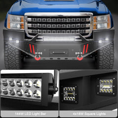 Front Bumper Compatible with GMC Sierra 2500/3500 HD 2011-2014, Textured Black Pickup Truck Bumper for 2011-2014 GMC Sierra 2500 3500, with Winch Plate, Lights and D-rings POFENZE