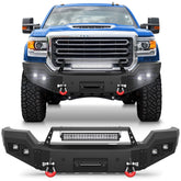 Front Bumper Compatible with GMC Sierra 2500/3500 HD 2015-2019, Textured Black Pickup Truck Bumper for 2015-2019 GMC Sierra 2500 3500, with Winch Plate, Lights and D-rings POFENZE