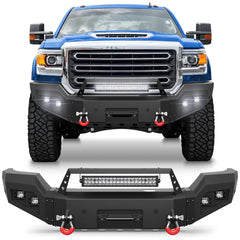 Front Bumper Compatible with GMC Sierra 2500/3500 HD 2015-2019, Textured Black Pickup Truck Bumper for 2015-2019 GMC Sierra 2500 3500, with Winch Plate, Lights and D-rings POFENZE
