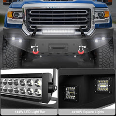 Front Bumper Compatible with GMC Sierra 2500/3500 HD 2015-2019, Textured Black Pickup Truck Bumper for 2015-2019 GMC Sierra 2500 3500, with Winch Plate, Lights and D-rings POFENZE