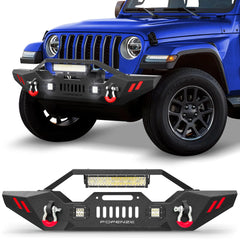 Front Bumper Compatible with Jeep Wrangler JK JL & Gladiator JT 2007-2024, Offroad Full Width Bumper with Winch Plate, 144W LED Light Bar & 2x18W Square Lights, 2 x D-Rings POFENZE