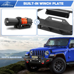 Front Bumper Compatible with Jeep Wrangler JK JL & Gladiator JT 2007-2024, Offroad Full Width Bumper with Winch Plate, 144W LED Light Bar & 2x18W Square Lights, 2 x D-Rings POFENZE