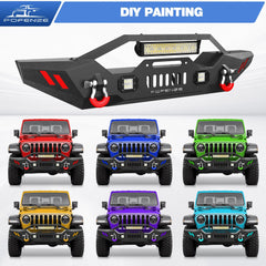 Front Bumper Compatible with Jeep Wrangler JK JL & Gladiator JT 2007-2024, Offroad Full Width Bumper with Winch Plate, 144W LED Light Bar & 2x18W Square Lights, 2 x D-Rings POFENZE
