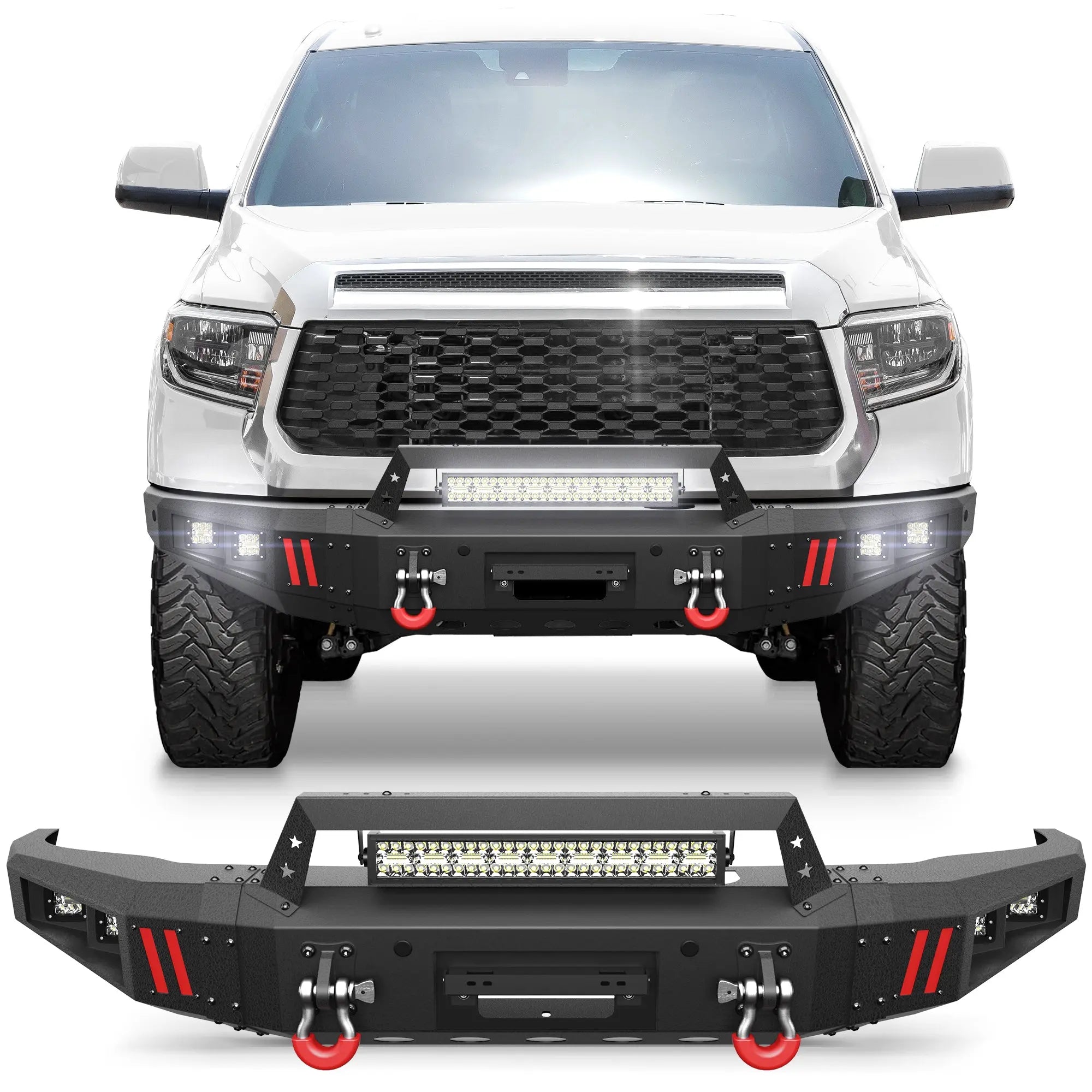Front Bumper Compatible with Toyota Tundra 2014-2021, Textured Black Pickup Bumper for Tundra 2014 2015 2016 2017 2018 2019 2020 2021, w/Winch Plate, Lights, D-rings, License Plate Bracket POFENZE