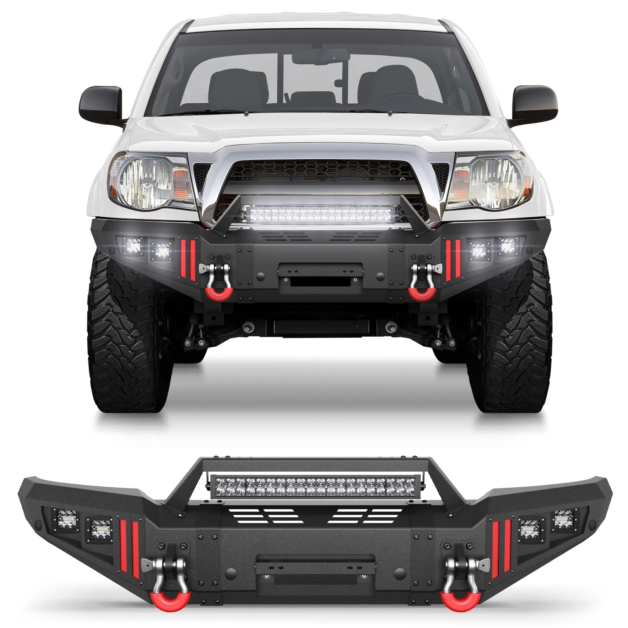Front Bumper Fit for Tacoma 2nd Gen 2005-2015, Pickup Truck Bumper Black with Winch Plate, D-ring, Lights, License Plate Bracket (Compatible with 2005-2015 Tacoma 2nd Gen Only) POFENZE