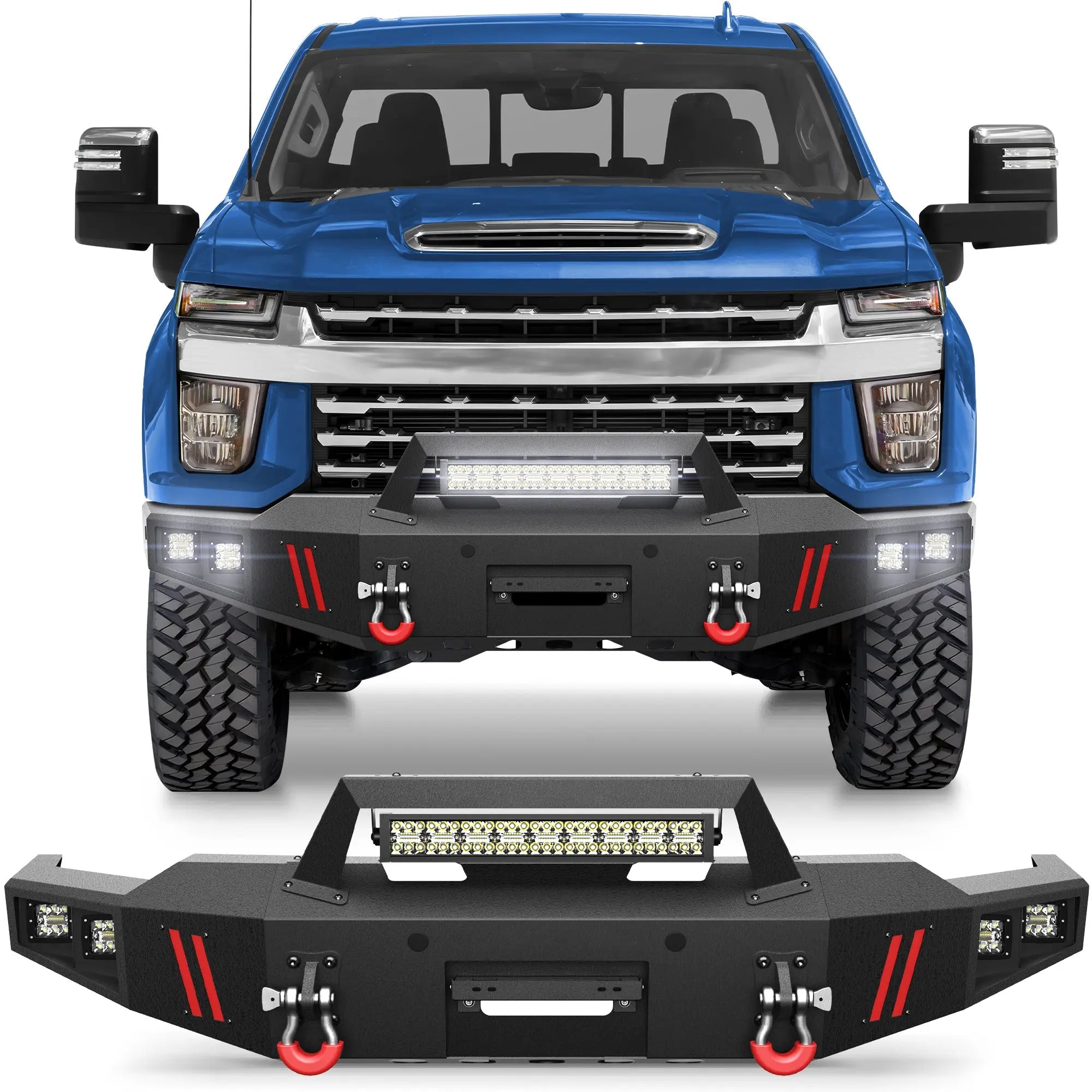 Front Bumper Full Width Offroad Bumper for 2020-2023 Chevrolet Silverado 2500/3500 w/Winch Plate, 144W Light Bar, 4x18w Lights, D-rings, License Plate Bracket POFENZE