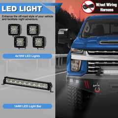 Front Bumper Full Width Offroad Bumper for 2020-2023 Chevrolet Silverado 2500/3500 w/Winch Plate, 144W Light Bar, 4x18w Lights, D-rings, License Plate Bracket POFENZE