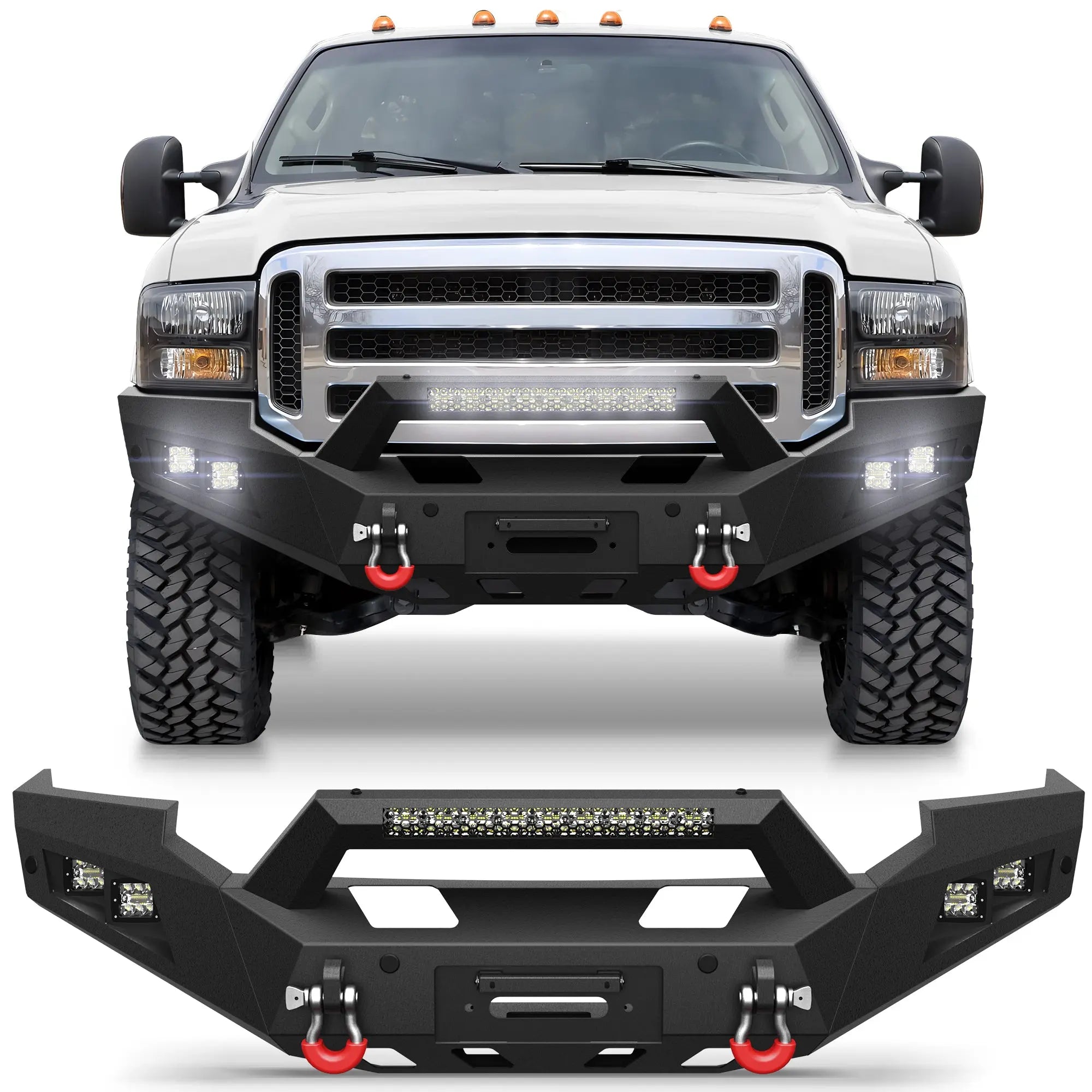 Front Bumper Full Width Offroad Bumper w/Winch Plate, 144W Light Bar, 4x18w Lights, D-rings, License Plate Bracket for 2005-2007 Ford F250/F350/F450 POFENZE