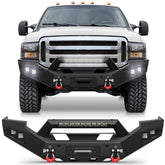 Front Bumper Full Width Offroad Bumper w/Winch Plate, 144W Light Bar, 4x18w Lights, D-rings, License Plate Bracket for 2005-2007 Ford F250/F350/F450 POFENZE