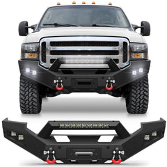 Front Bumper Full Width Offroad Bumper w/Winch Plate, 144W Light Bar, 4x18w Lights, D-rings, License Plate Bracket for 2005-2007 Ford F250/F350/F450 POFENZE
