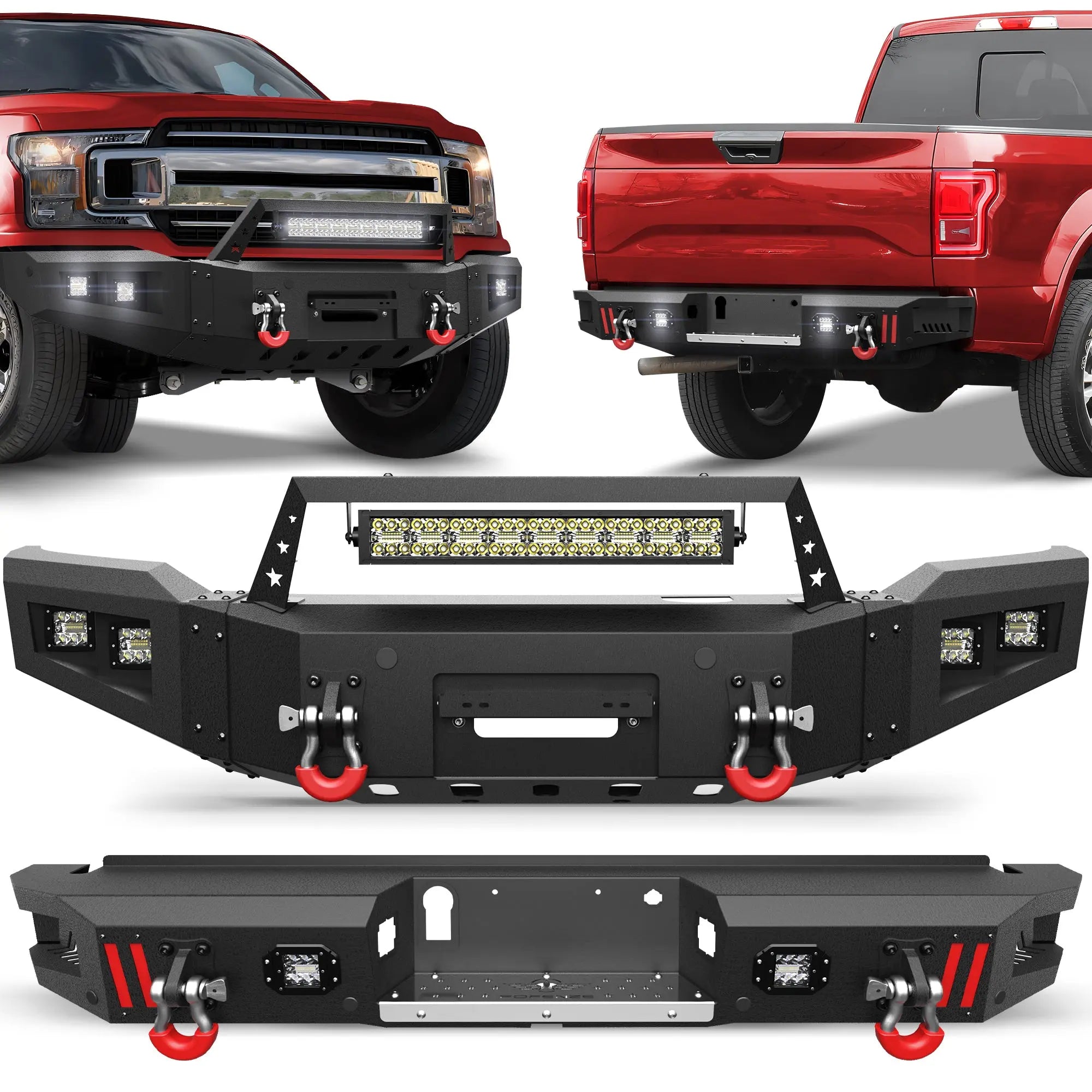 Front Bumper + Rear Bumper Combo for Ford F150 2018 2019 2020 (Excluding Raptor) w/Winch Plate, LED Lights, License Plate Bracket, Textured Black Stainless Steel Pickup Bumper POFENZE