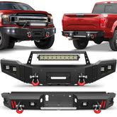 Front Bumper + Rear Bumper Combo for Ford F150 2018 2019 2020 (Excluding Raptor) w/Winch Plate, LED Lights, License Plate Bracket, Textured Black Stainless Steel Pickup Bumper POFENZE
