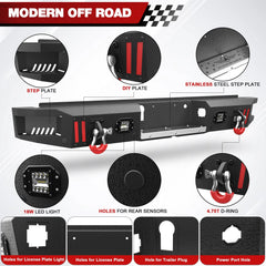 Front Bumper + Rear Bumper Combo for Ford F150 2018 2019 2020 (Excluding Raptor) w/Winch Plate, LED Lights, License Plate Bracket, Textured Black Stainless Steel Pickup Bumper POFENZE