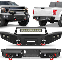 Front Bumper + Rear Bumper Combo for Ford F150 2018 2019 2020 (Excluding Raptor) w/Winch Plate, LED Lights, License Plate Bracket, Textured Black Stainless Steel Pickup Bumper POFENZE