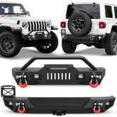 Front Bumper + Rear Bumper Mid Width Offroad Bumper w/Winch Plate, D-ring and Lights Compatible with 2019-2025 Jeep Wrangler JL JLU Unlimited 2/4 Doors POFENZE