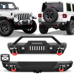 Front Bumper + Rear Bumper Mid Width Offroad Bumper w/Winch Plate, D-ring and Lights Compatible with 2019-2025 Jeep Wrangler JL JLU Unlimited 2/4 Doors POFENZE