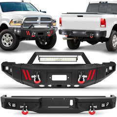 Front Bumper + Rear Bumper for RAM 2500/3500 HD 2010-2018, Full Width Steel Bumper Combo with Winch Plate, LED Light Bar, D-rings, Compatible with 2010-2018 Dodge Ram 2500/3500 HD, Textured Black POFENZE