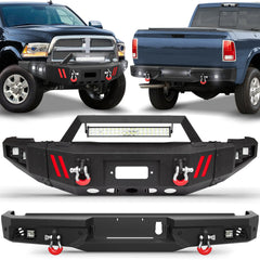 Front Bumper + Rear Bumper for RAM 2500/3500 HD 2010-2018, Full Width Steel Bumper Combo with Winch Plate, LED Light Bar, D-rings, Compatible with 2010-2018 Dodge Ram 2500/3500 HD, Textured Black POFENZE