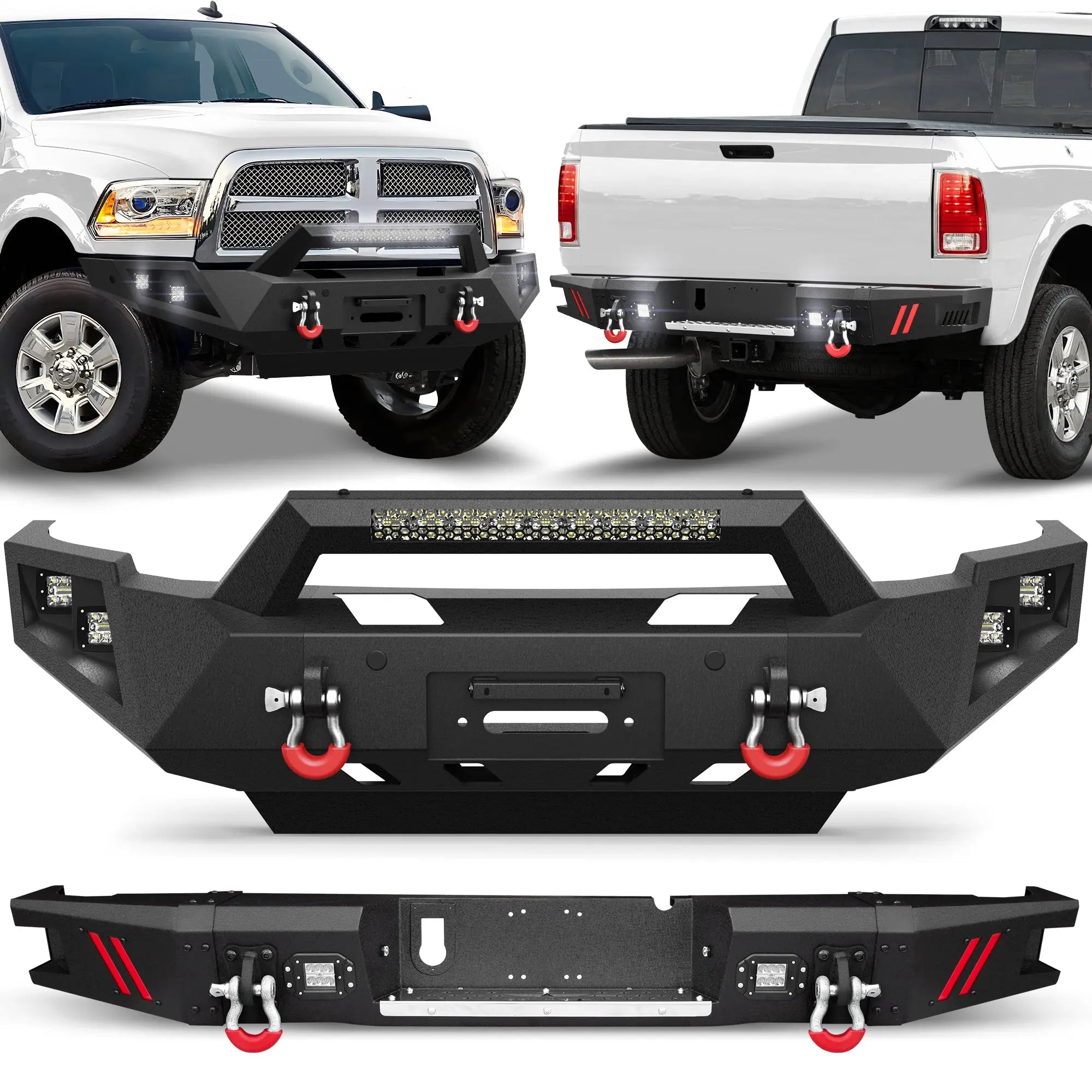 Front Bumper and Rear Bumper for RAM 2500/3500 2010-2018, Full Width Steel Bumper Combo with Winch Plate, LED Light Bar, D-rings, Compatible with 2010-2018 Dodge Ram 2500/3500, Textured Black POFENZE
