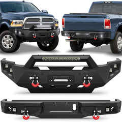 Front Bumper and Rear Bumper for RAM 2500/3500 2010-2018, Full Width Steel Bumper Combo with Winch Plate, LED Light Bar, D-rings, Compatible with 2010-2018 Dodge Ram 2500/3500, Textured Black POFENZE