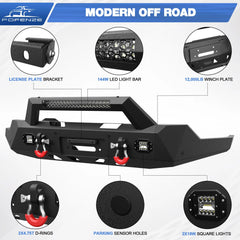 Front Bumper for 19-22 GMC Sierra 1500 Full Width Offroad Bumper w/Winch Plate, 144W Light Bar, 2x18w Lights, D-rings, License Plate Bracket for 2019-2022 GMC Sierra 1500 Trucks POFENZE