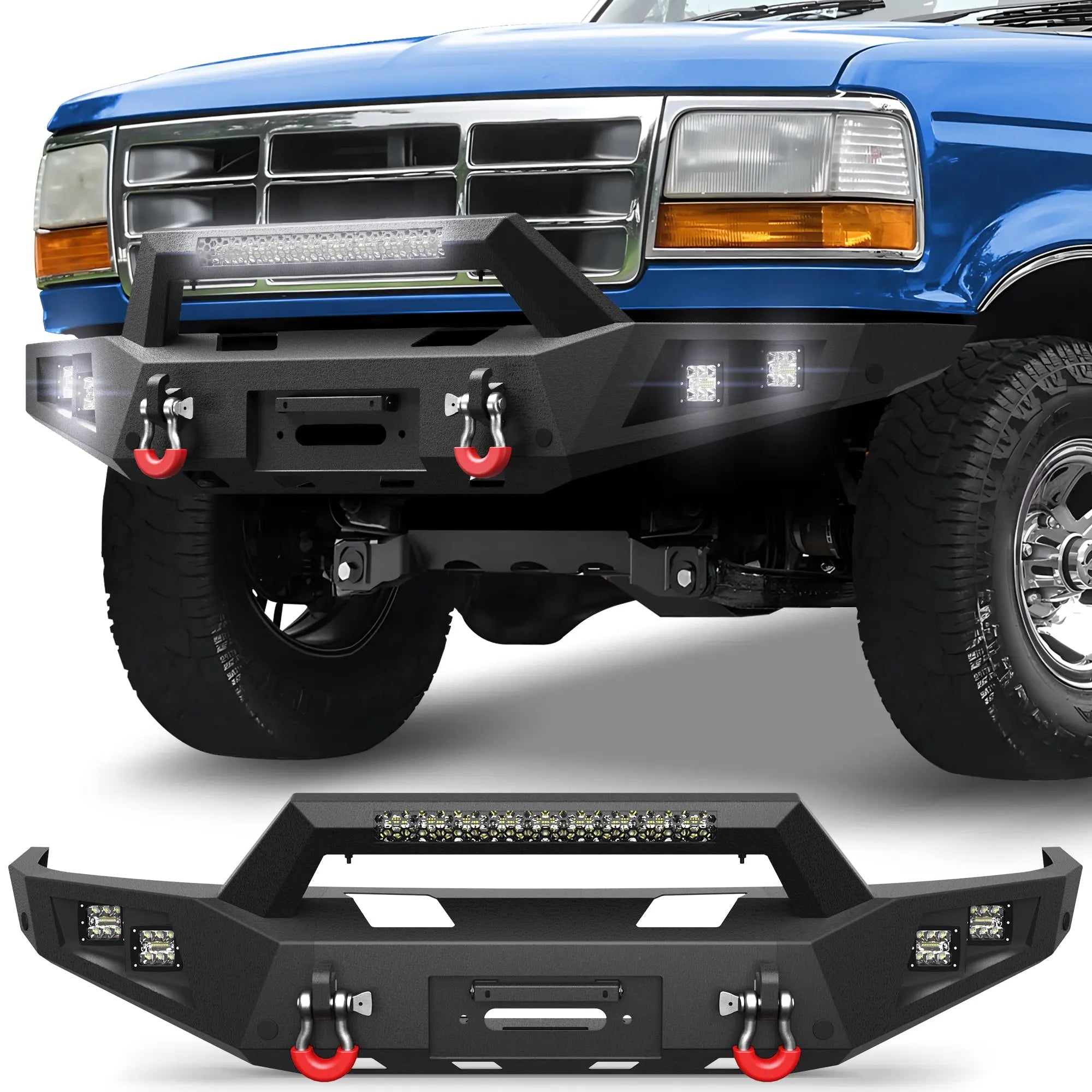 Front Bumper for 1992-1997 F150 Full Width Offroad Bumper w/Winch Plate, 144W Light Bar, 4x18w Lights, D-rings, License Plate Bracket Trucks Bumper for 1992-1997 Ford F150 F250 F350 POFENZE