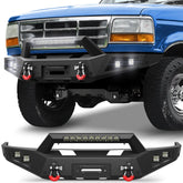 Front Bumper for 1992-1997 F150 Full Width Offroad Bumper w/Winch Plate, 144W Light Bar, 4x18w Lights, D-rings, License Plate Bracket Trucks Bumper for 1992-1997 Ford F150 F250 F350 POFENZE