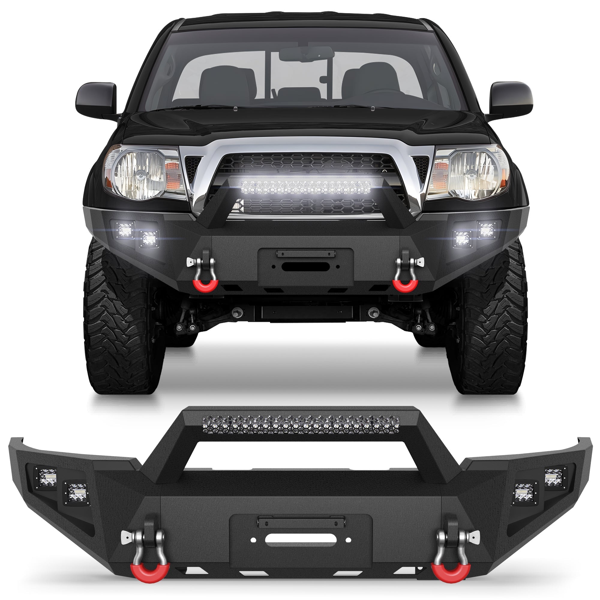 Front Bumper for 2005-2015 Tacoma 2nd Gen Pickup Full Width Bumper w/Winch Plate, LED Lights, D-rings and License Plate Bracket POFENZE
