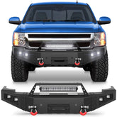 Front Bumper for 2007-2013 Chevy Silverado 1500 Full Width Offroad Bumper w/Winch Plate, 144W Light Bar, 4x18w Lights, D-rings, License Plate Bracket POFENZE