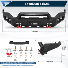 Front Bumper for 2013-2018 Ram 1500 and 2019-2023 Ram 1500 Classic Pickup, w/Winch Plate, LED Lights, D-rings and License Plate Bracket (Exclude Rebel) POFENZE