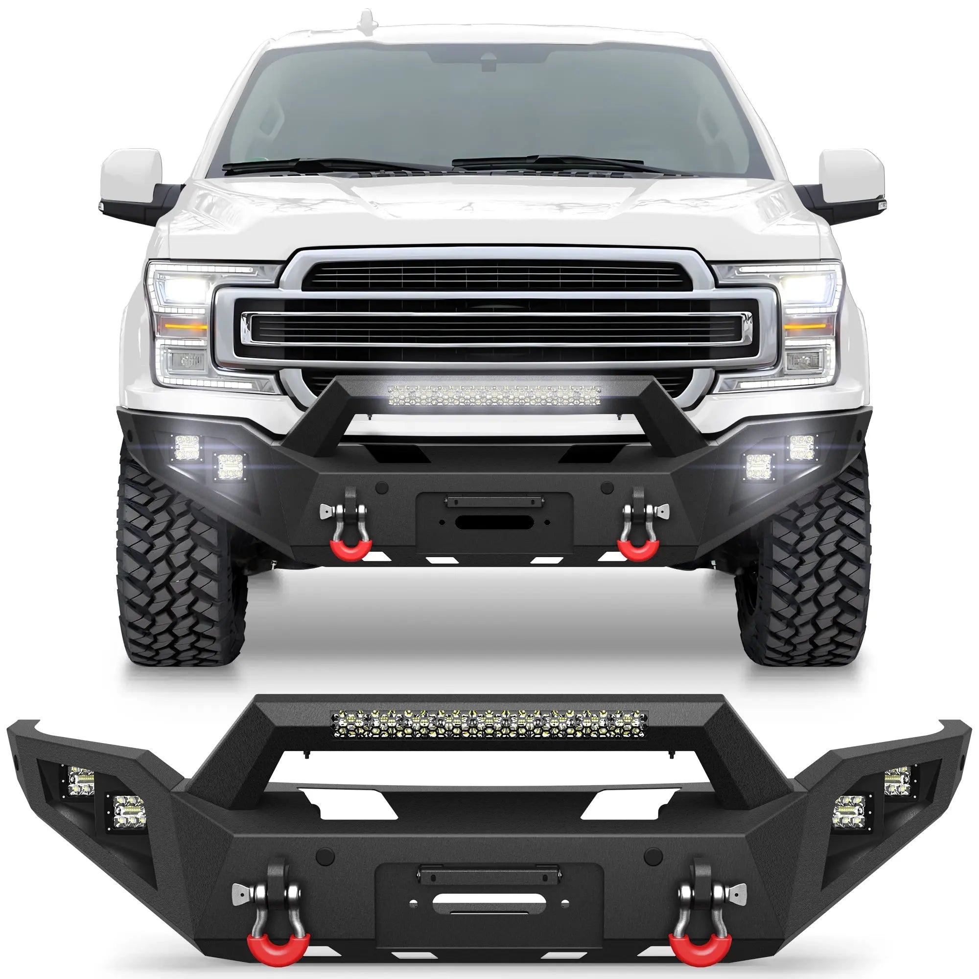 Front Bumper for 2018-2020 Ford F150 Pickup Trucks (Excluding Raptor) Full Width Offroad Bumper w/Winch Plate, 144W Light Bar, 4x18w Lights, D-rings, License Plate Bracket  POFENZE