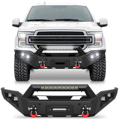 Front Bumper for 2018-2020 Ford F150 Pickup Trucks (Excluding Raptor) Full Width Offroad Bumper w/Winch Plate, 144W Light Bar, 4x18w Lights, D-rings, License Plate Bracket  POFENZE