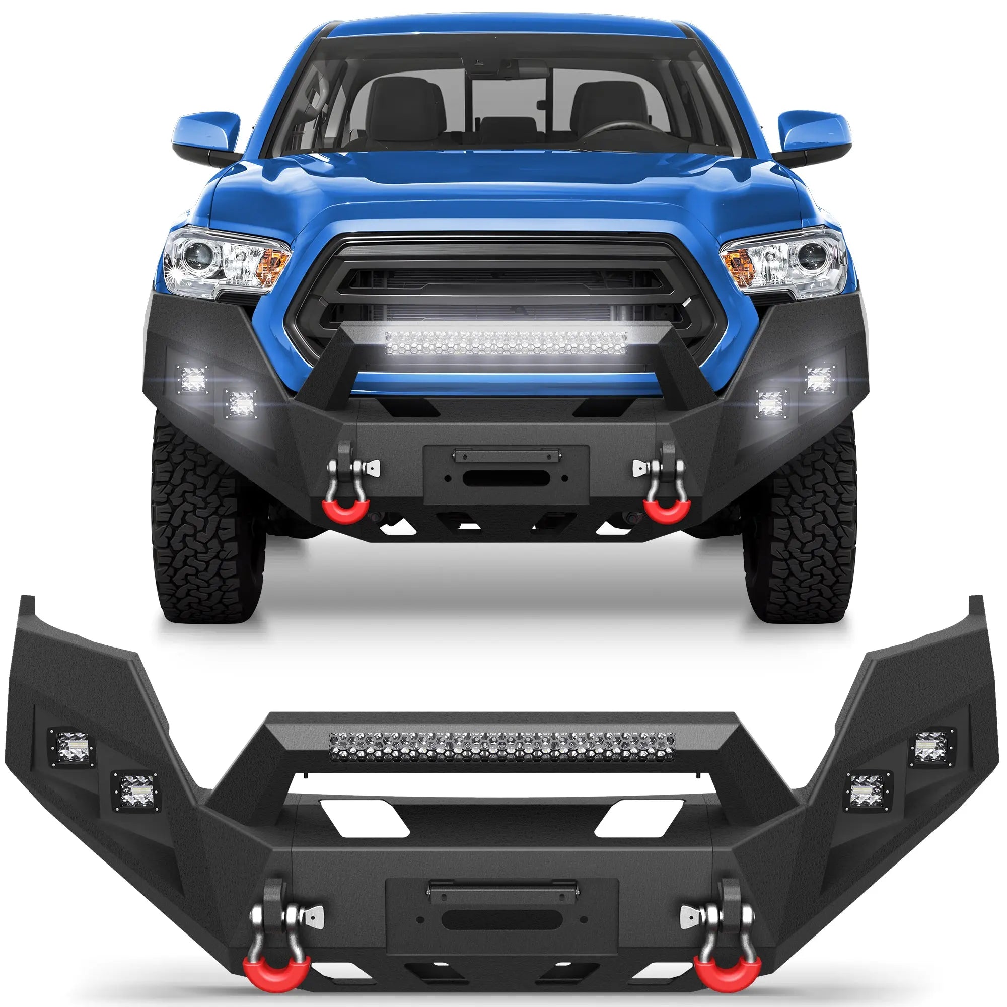 Front Bumper w/Winch Plate, 144W Light Bar, 4x18w Lights, D-rings, License Plate Bracket for Toyota Tacoma 3rd Gen 2016-2023 POFENZE