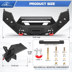 Front Bumper w/Winch Plate, 144W Light Bar, 4x18w Lights, D-rings, License Plate Bracket for Toyota Tacoma 3rd Gen 2016-2023 POFENZE