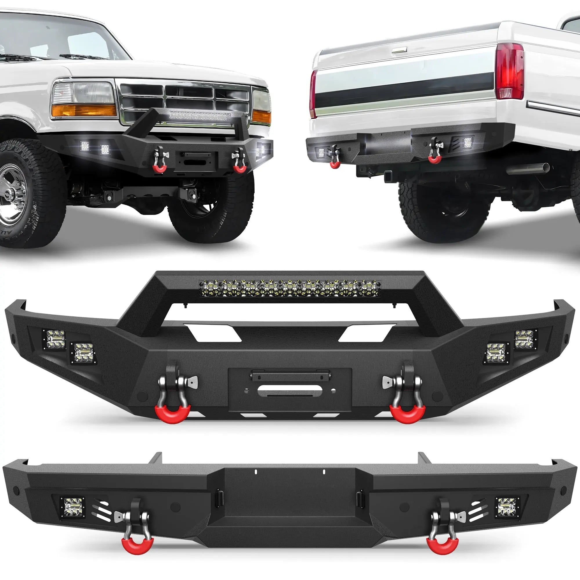 Front Rear Bumper Set, Full Width Offroad Bumper w/Winch Plate, 144W Light Bar, 6x18w Fog Lights, D-rings, License Plate Bracket for 1992-1997 Ford F150 F250 F350 Truck POFENZE