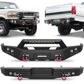 Front Rear Bumper Set, Full Width Offroad Bumper w/Winch Plate, 144W Light Bar, 6x18w Fog Lights, D-rings, License Plate Bracket for 1992-1997 Ford F150 F250 F350 Truck POFENZE