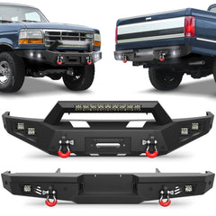 Front Rear Bumper Set, Full Width Offroad Bumper w/Winch Plate, 144W Light Bar, 6x18w Fog Lights, D-rings, License Plate Bracket for 1992-1997 Ford F150 F250 F350 Truck POFENZE