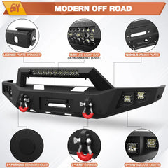 Front Rear Bumper Set, Full Width Offroad Bumper w/Winch Plate, 144W Light Bar, 6x18w Fog Lights, D-rings, License Plate Bracket for 1992-1997 Ford F150 F250 F350 Truck POFENZE