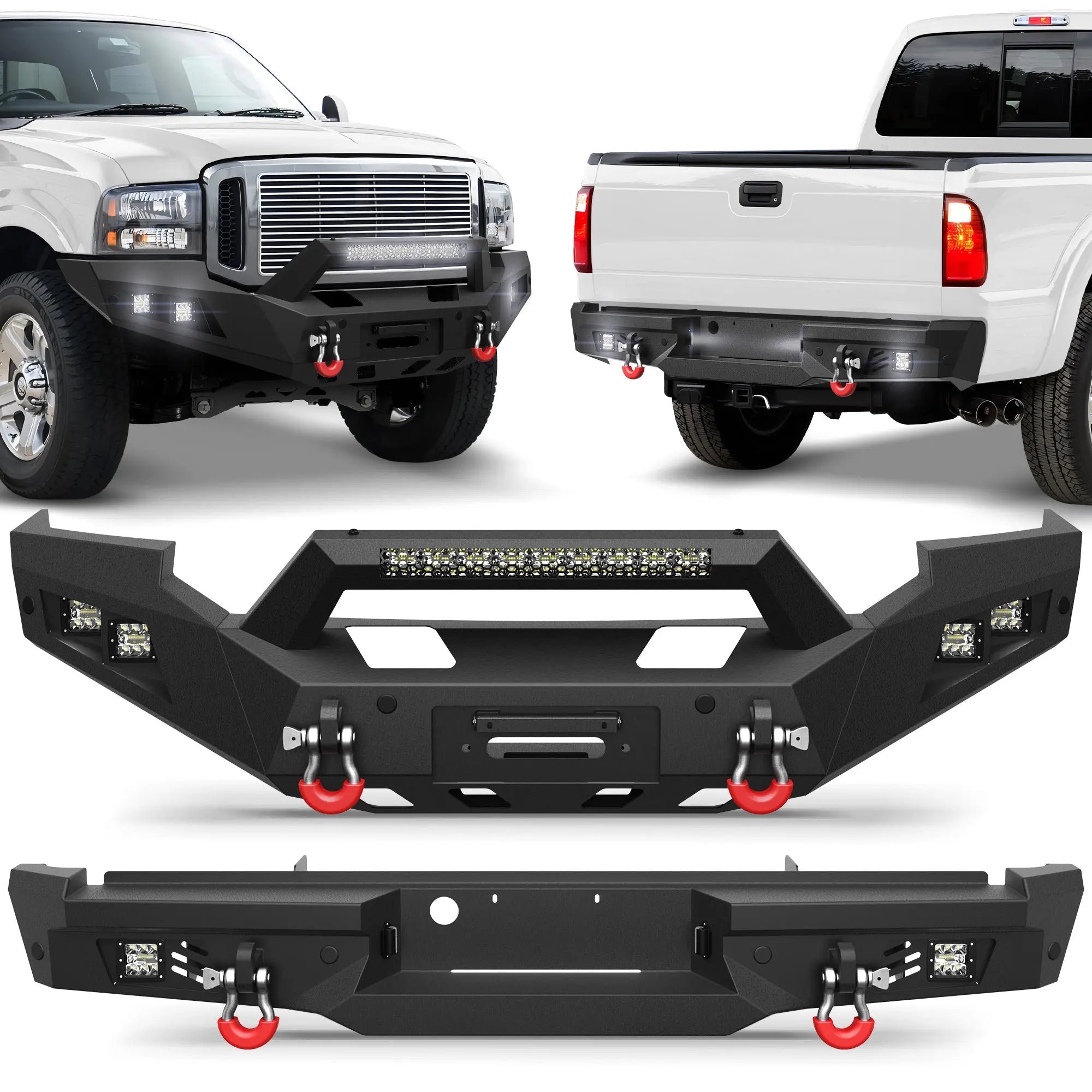 Front Rear Bumper Set, Full Width Offroad Bumper w/Winch Plate, 144W Light Bar, 6x18w Fog Lights, D-rings, License Plate Bracket for 2005-2007 Ford F250/F350/F450 Truck POFENZE