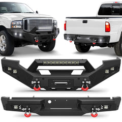Front Rear Bumper Set, Full Width Offroad Bumper w/Winch Plate, 144W Light Bar, 6x18w Fog Lights, D-rings, License Plate Bracket for 2005-2007 Ford F250/F350/F450 Truck POFENZE