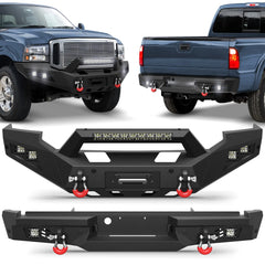 Front Rear Bumper Set, Full Width Offroad Bumper w/Winch Plate, 144W Light Bar, 6x18w Fog Lights, D-rings, License Plate Bracket for 2005-2007 Ford F250/F350/F450 Truck POFENZE