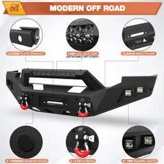 Front Rear Bumper Set, Full Width Offroad Bumper w/Winch Plate, 144W Light Bar, 6x18w Fog Lights, D-rings, License Plate Bracket for 2005-2007 Ford F250/F350/F450 Truck POFENZE