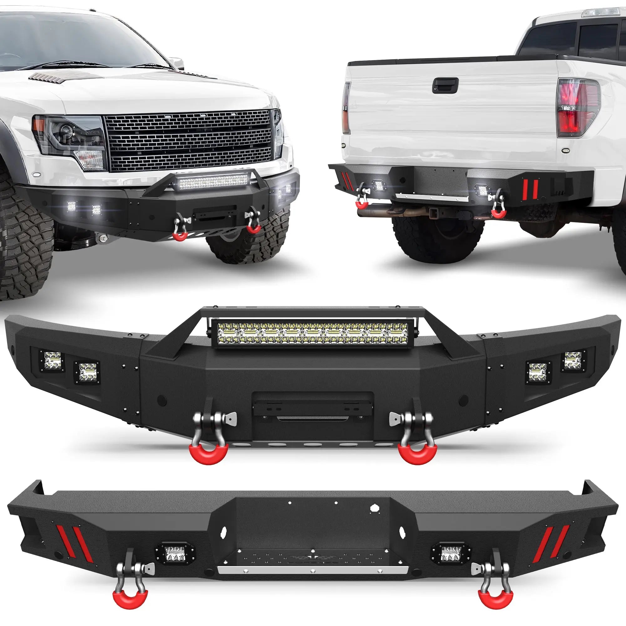 Front Rear Bumper Set, Full Width Offroad Bumper w/Winch Plate, 144W Light Bar, 6x18w Fog Lights, D-rings, License Plate Bracket for 2010-2014 Ford F150 SVT Raptor Only POFENZE