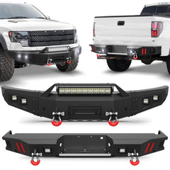Front Rear Bumper Set, Full Width Offroad Bumper w/Winch Plate, 144W Light Bar, 6x18w Fog Lights, D-rings, License Plate Bracket for 2010-2014 Ford F150 SVT Raptor Only POFENZE