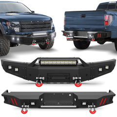 Front Rear Bumper Set, Full Width Offroad Bumper w/Winch Plate, 144W Light Bar, 6x18w Fog Lights, D-rings, License Plate Bracket for 2010-2014 Ford F150 SVT Raptor Only POFENZE
