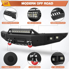 Front Rear Bumper Set, Full Width Offroad Bumper w/Winch Plate, 144W Light Bar, 6x18w Fog Lights, D-rings, License Plate Bracket for 2010-2014 Ford F150 SVT Raptor Only POFENZE