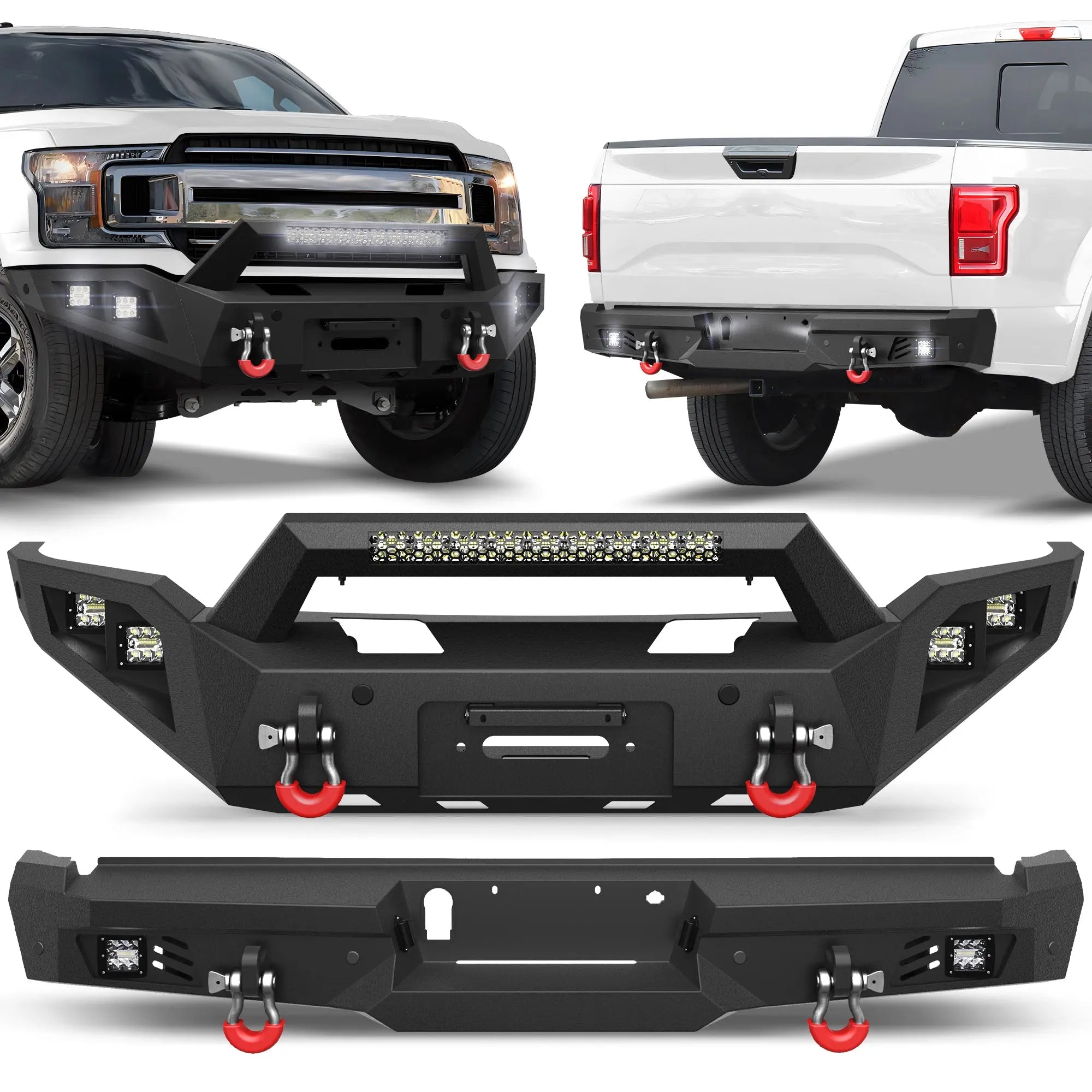 Front Rear Bumper Set, Full Width Offroad Bumper w/Winch Plate, 144W Light Bar, 6x18w Fog Lights, D-rings, License Plate Bracket for 2018-2020 Ford F150 Truck (Excluding Raptor) POFENZE