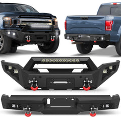 Front Rear Bumper Set, Full Width Offroad Bumper w/Winch Plate, 144W Light Bar, 6x18w Fog Lights, D-rings, License Plate Bracket for 2018-2020 Ford F150 Truck (Excluding Raptor) POFENZE